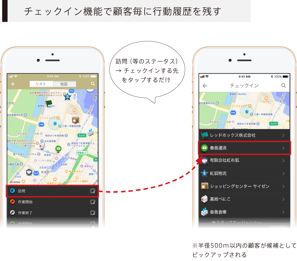 顧客毎に訪問や行動を記録できる