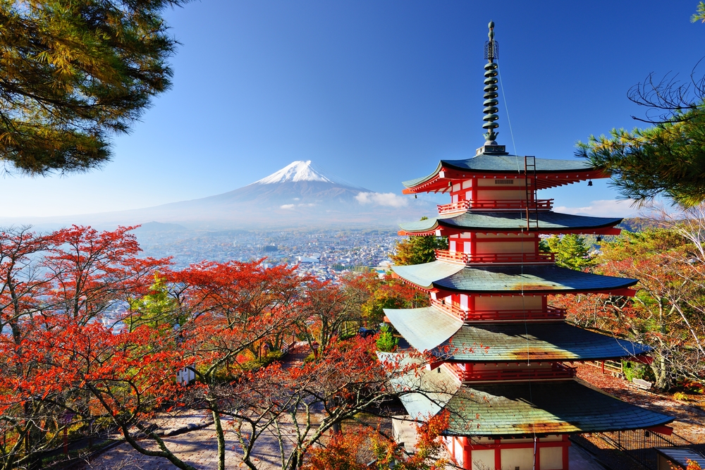 Mt. Fuji with fall colors in japan.
